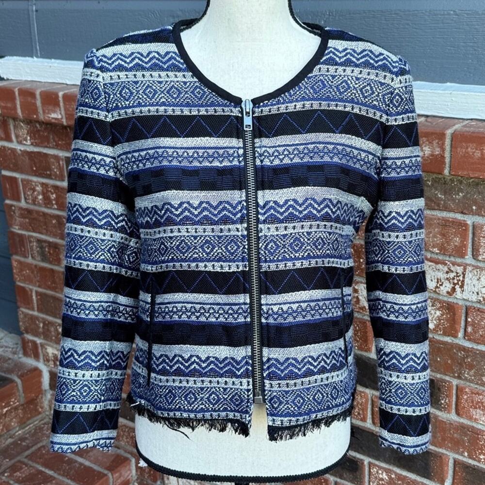 LOFT Navy Blue Black White Patterned Zip Front Jacket